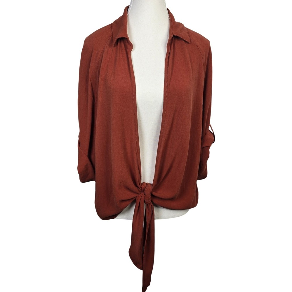 ee:some‎ Womens Tie Front Collared Shirt Rust Linen Blend Size S